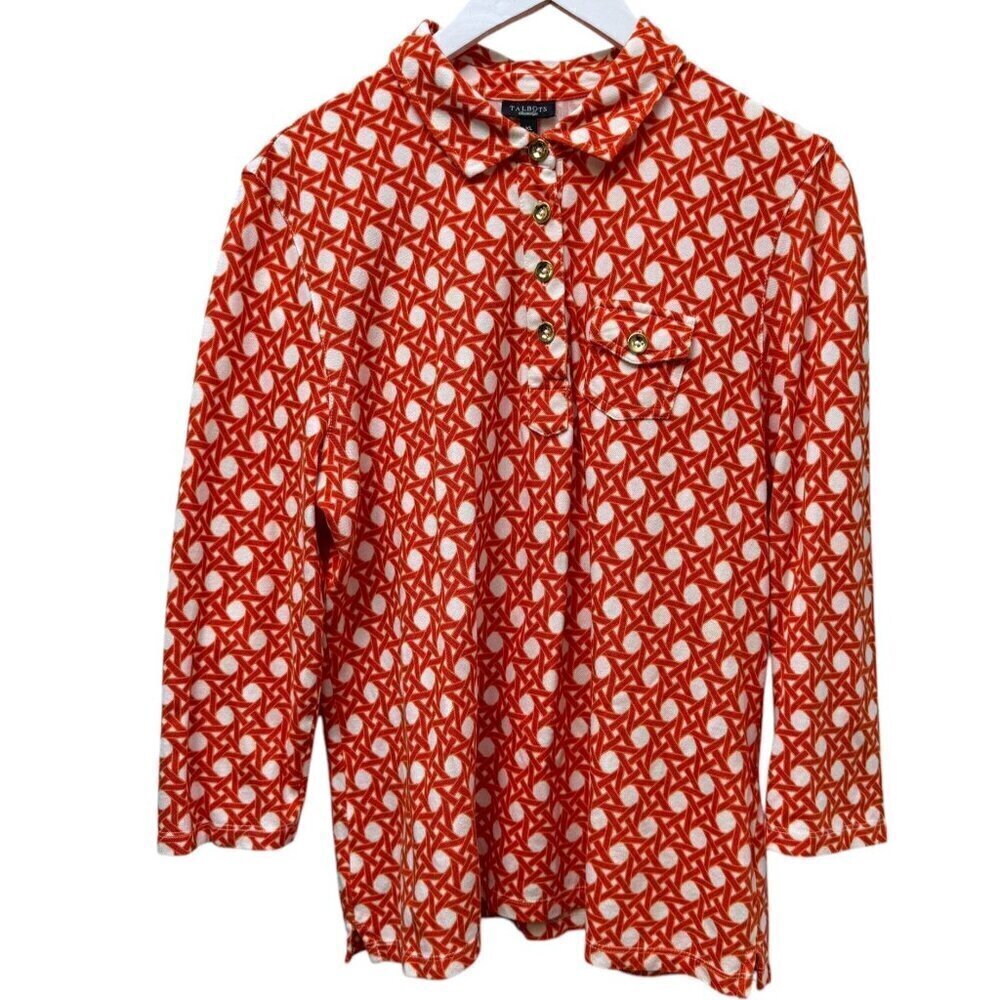 TALBOTS Womens Polo Shirt L/XL Orange Print 3/4 Sleeve Pique Knit Preppy Top